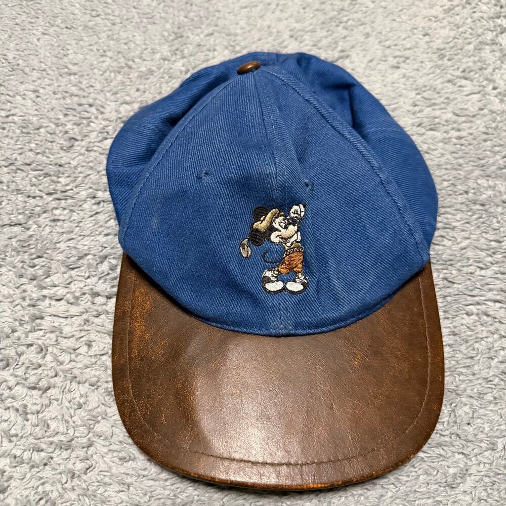 VTG Mickey Mouse Nike Golf Hat Leather Brim Adjustable Baseball Cap Blue & Brown
